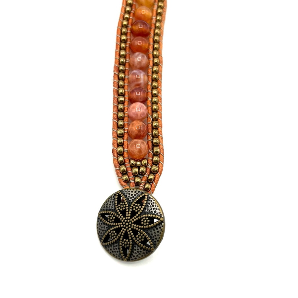 Hand Crafted Orange Fire Agate Cuff Bracelet with Floral Clasp - Picture 6 of 10
